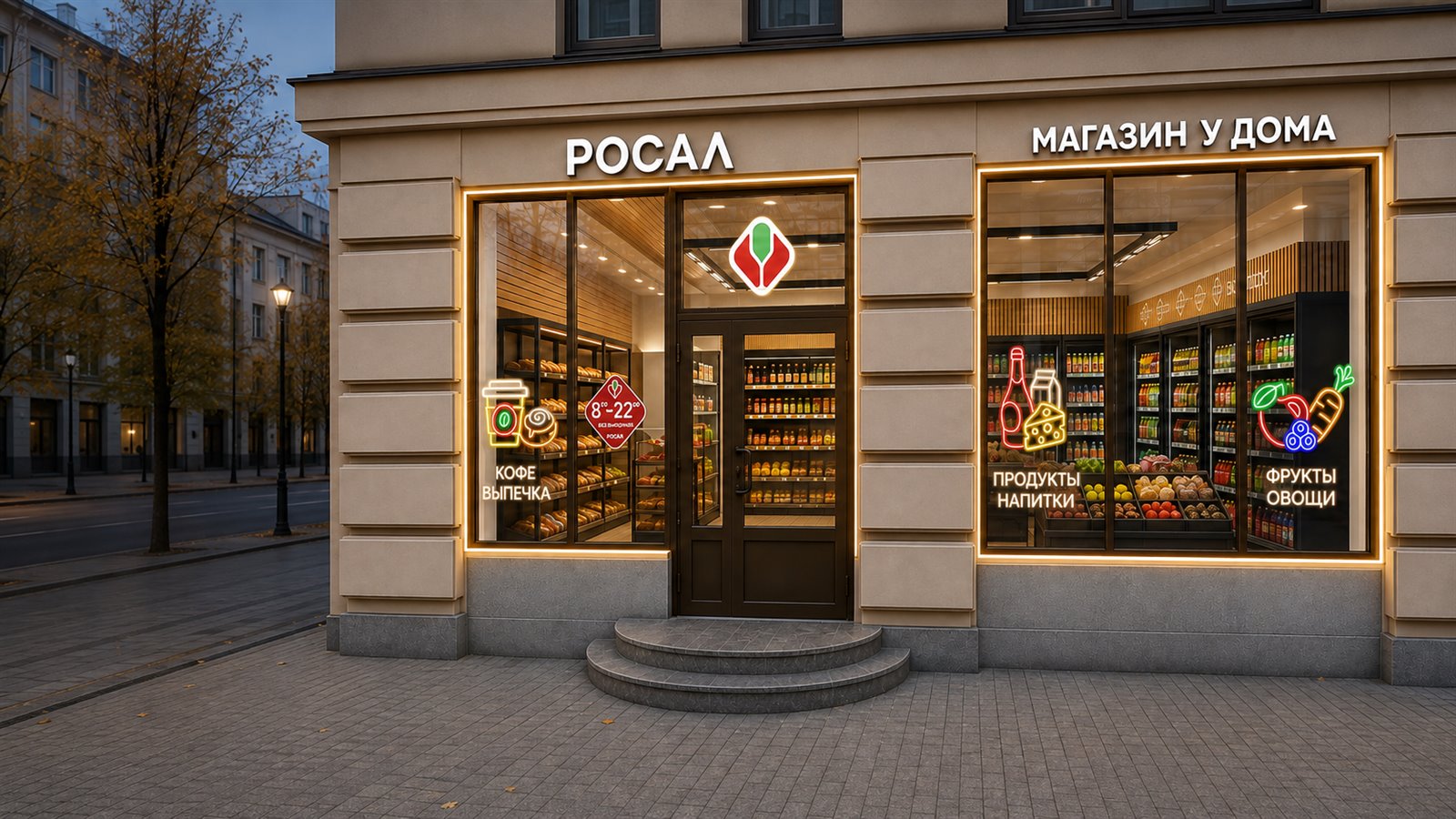 Магазин РосАл нового формата: кофе и выпечка, продукты и напитки, фрукты и овощи