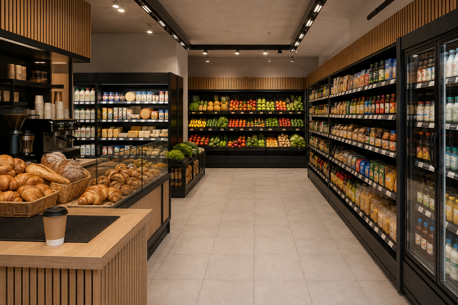 Интерьер магазина нового формата со свежей выпечкой, кофе и продуктами