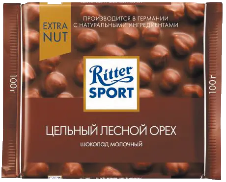 Шоколад Риттер Спорт Экстра Нат молочный, цельный лесной орех 100 гр