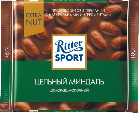 Шоколад Риттер Спорт Экстра Нат молочный, цельный миндаль 100 гр